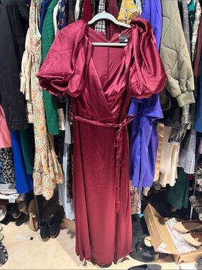 Maison Tara Wine Satin Dress with Puff Sleeves